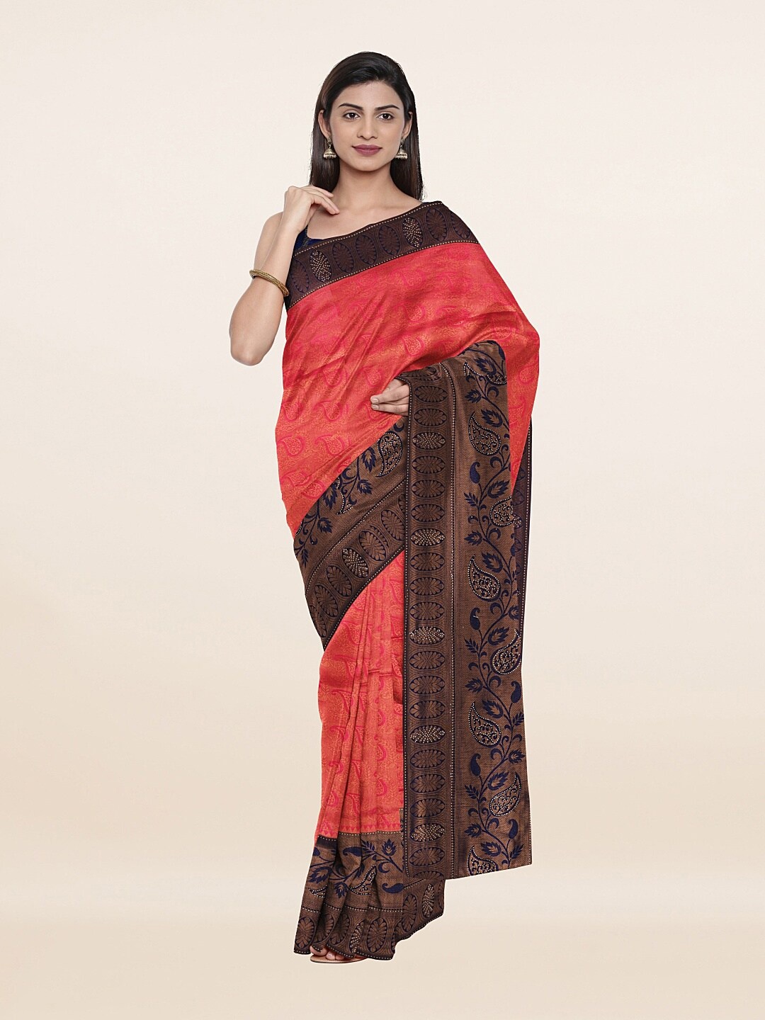 

Pothys Pink & Navy Blue Ethnic Motifs Banarasi Art Silk Saree