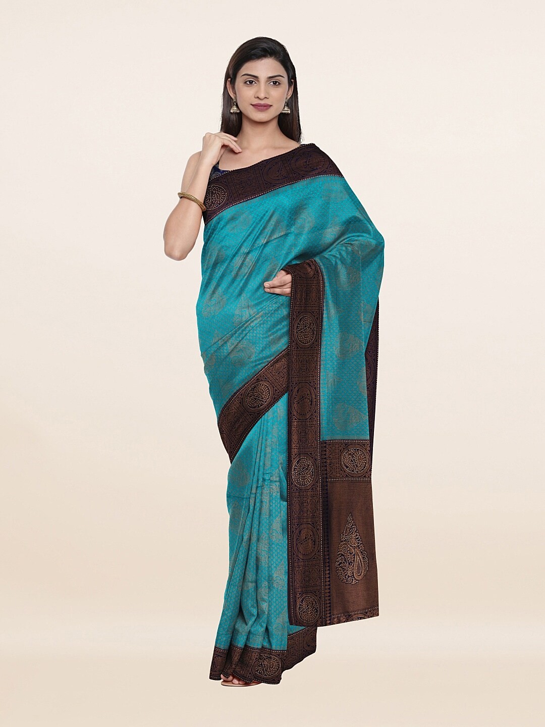 

Pothys Blue & Brown Ethnic Motifs Banarasi Art Silk Saree