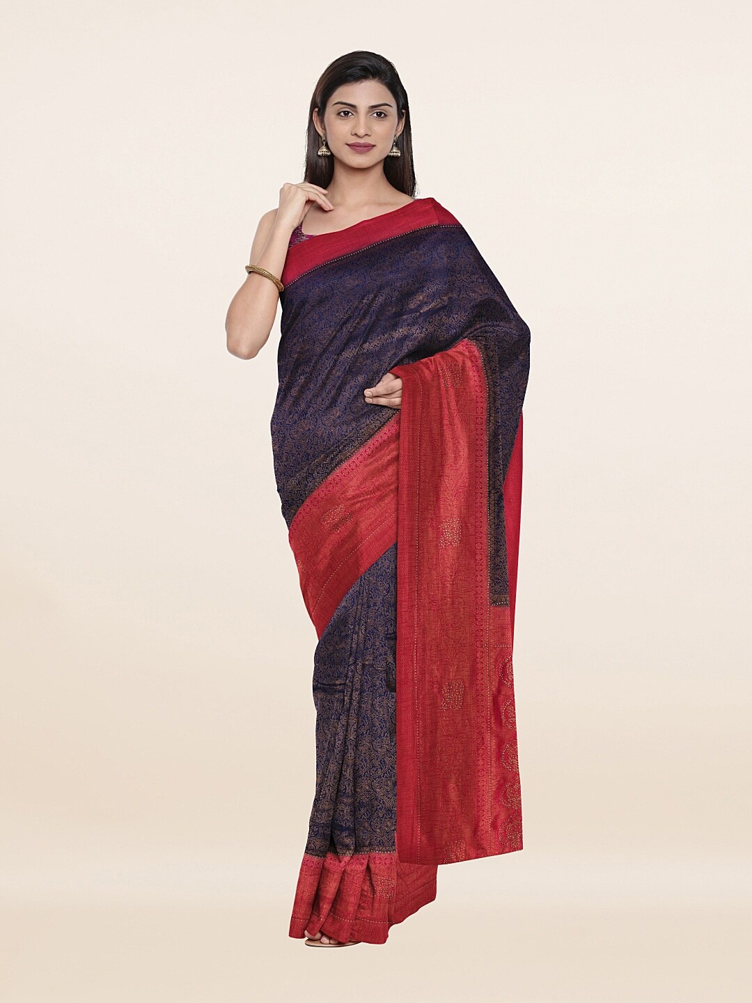 

Pothys Navy Blue & Red Ethnic Motifs Banarasi Art Silk Saree