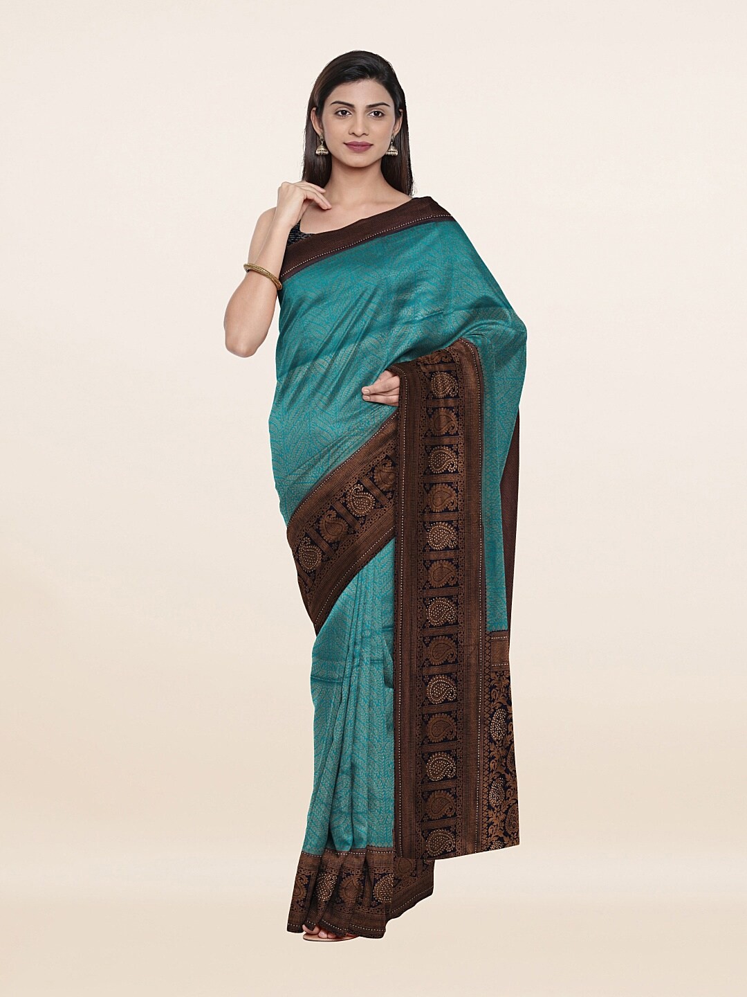 

Pothys Blue & Coffee Brown Woven Design Beads and Stones Art Silk Saree