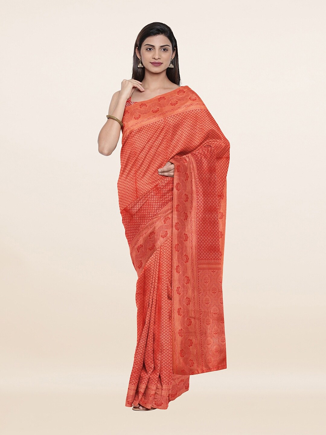 

Pothys Red & Copper-Toned Floral Zari Art Silk Saree