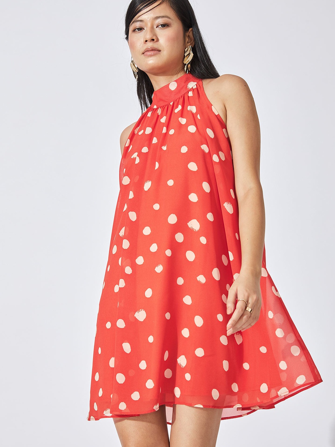 

The Label Life Coral Orange Polka Halter Dress