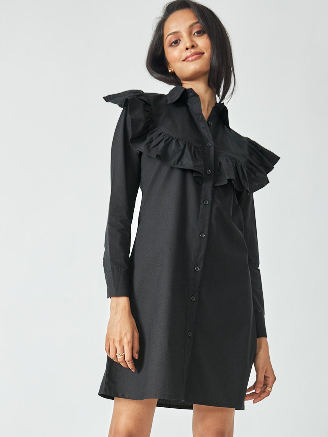 

The Label Life Black Ruffle Overlay Shirt Dress