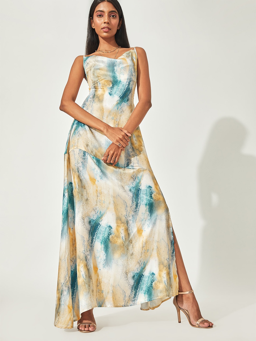 

The Label Life Blue Marble Print Cowl Slit Dress