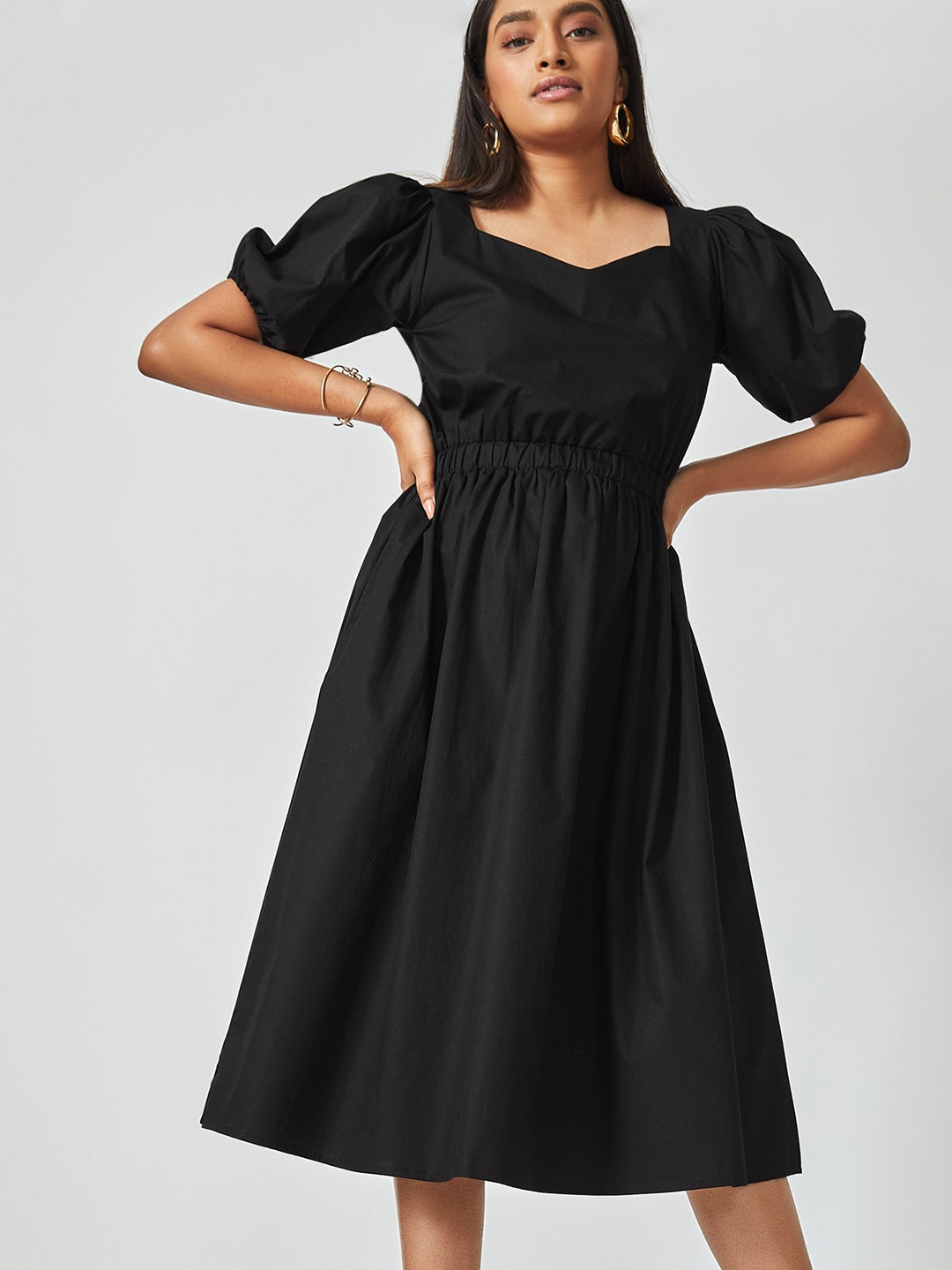 

The Label Life Black Puff Sleeve Midi Cinched Dress