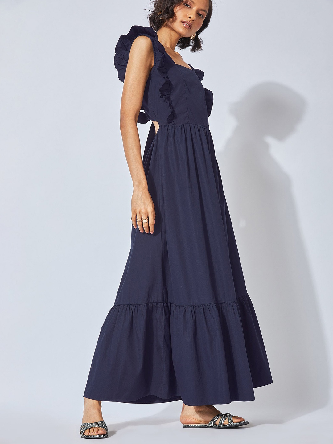 

The Label Life Navy Blue Back Tie Ruffle Maxi Dress