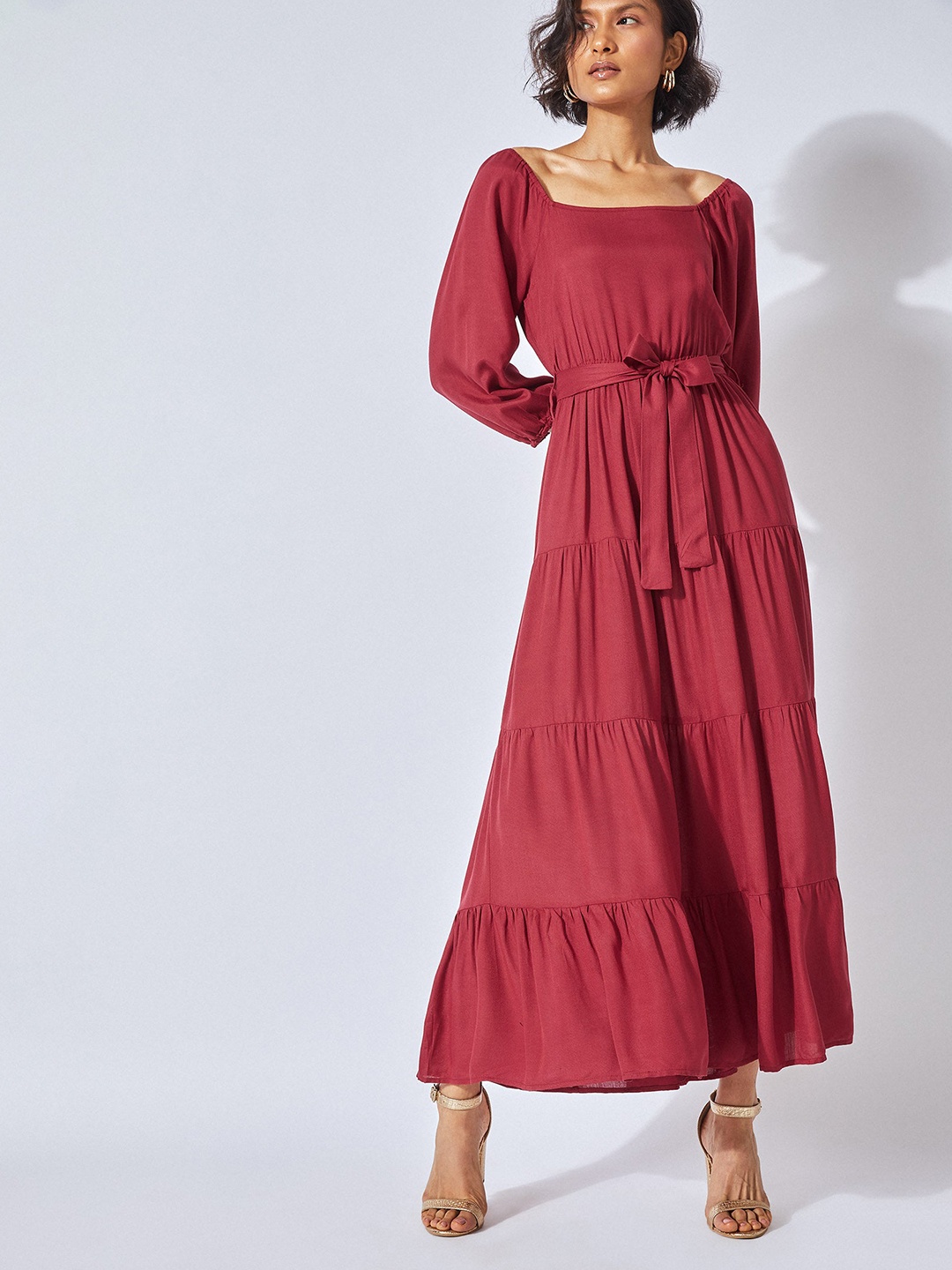 

The Label Life Crimson Red Tiered Belted Maxi Dress