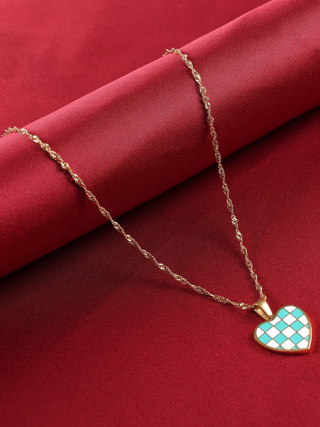 

anore 18K Gold Plated Teal Blue & White Heart Pendant Necklace Chain