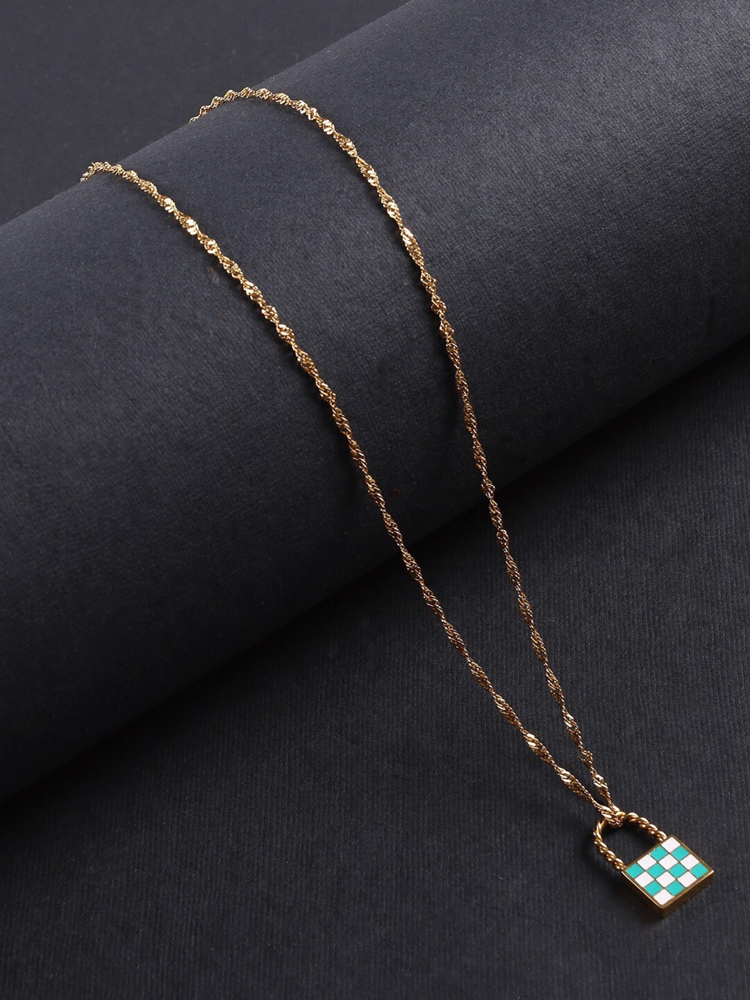

anore 18K Gold Plated Teal Blue & White Pendant Necklace Chain