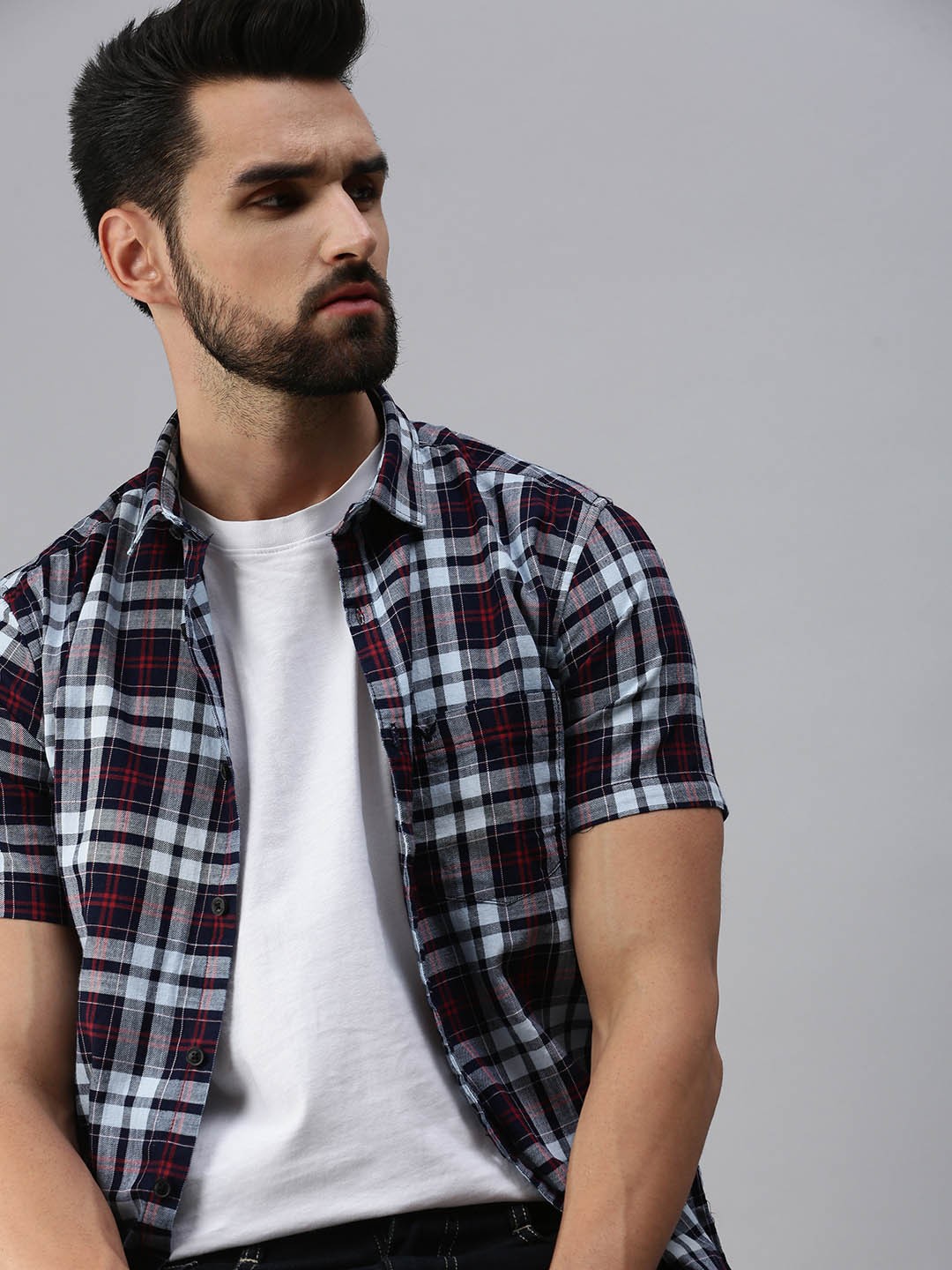 

SHOWOFF Men Navy Blue Premium Slim Fit Tartan Checks Checked Casual Shirt