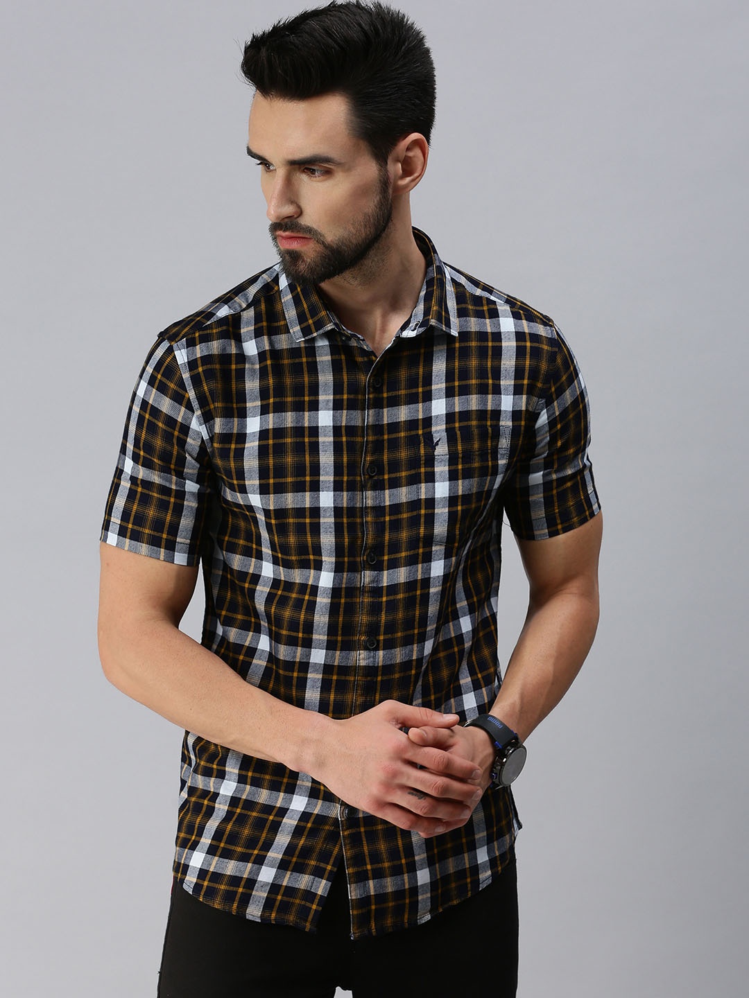 

SHOWOFF Men Black Premium Slim Fit Tartan Checks Checked Casual Shirt