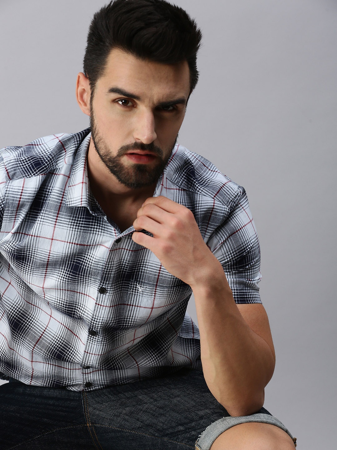 

SHOWOFF Men Navy Blue Premium Slim Fit Tartan Checks Checked Casual Shirt