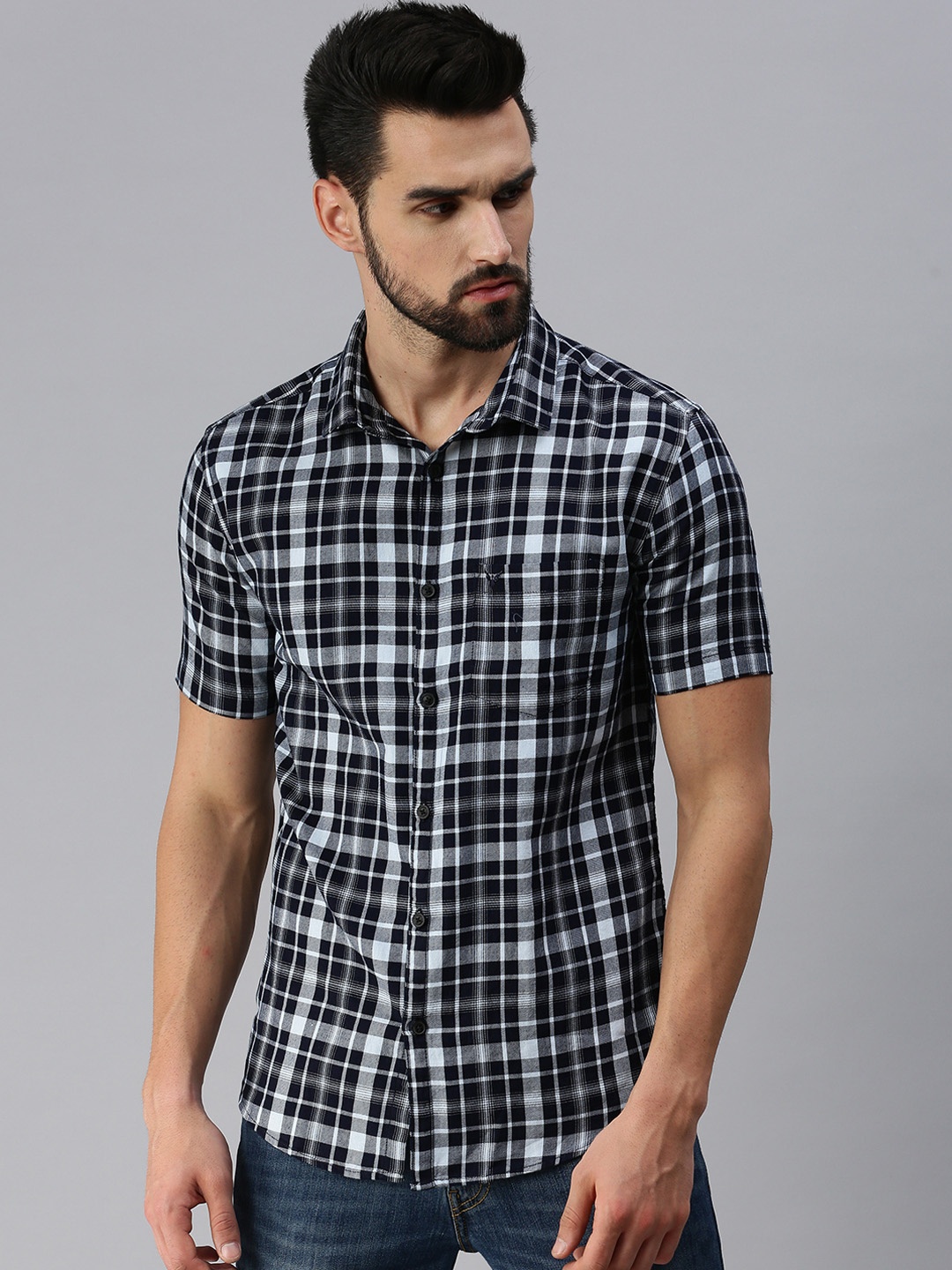 

SHOWOFF Men Navy Blue Premium Slim Fit Tartan Checks Checked Casual Shirt