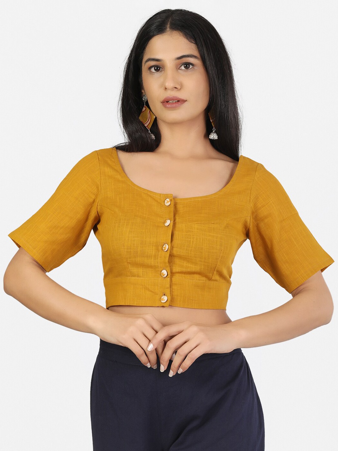 

Llajja Women Mustard cotton Saree Blouse
