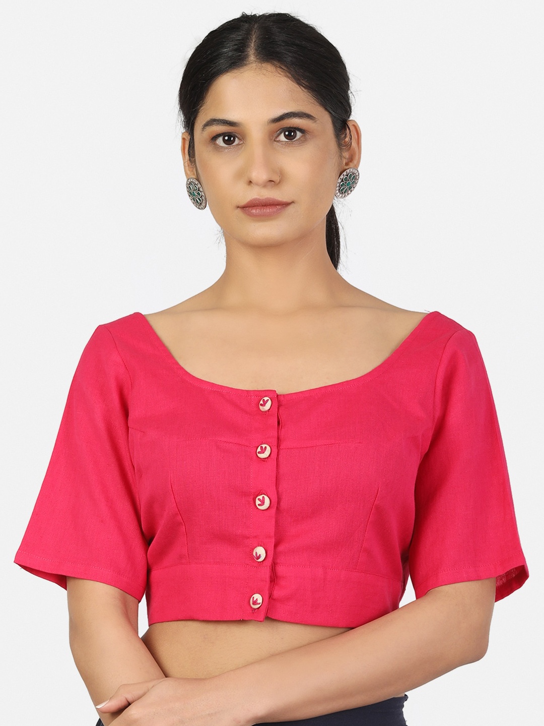 

Llajja Women Pink Solid Non Padded Round Neck Cotton Saree Blouse