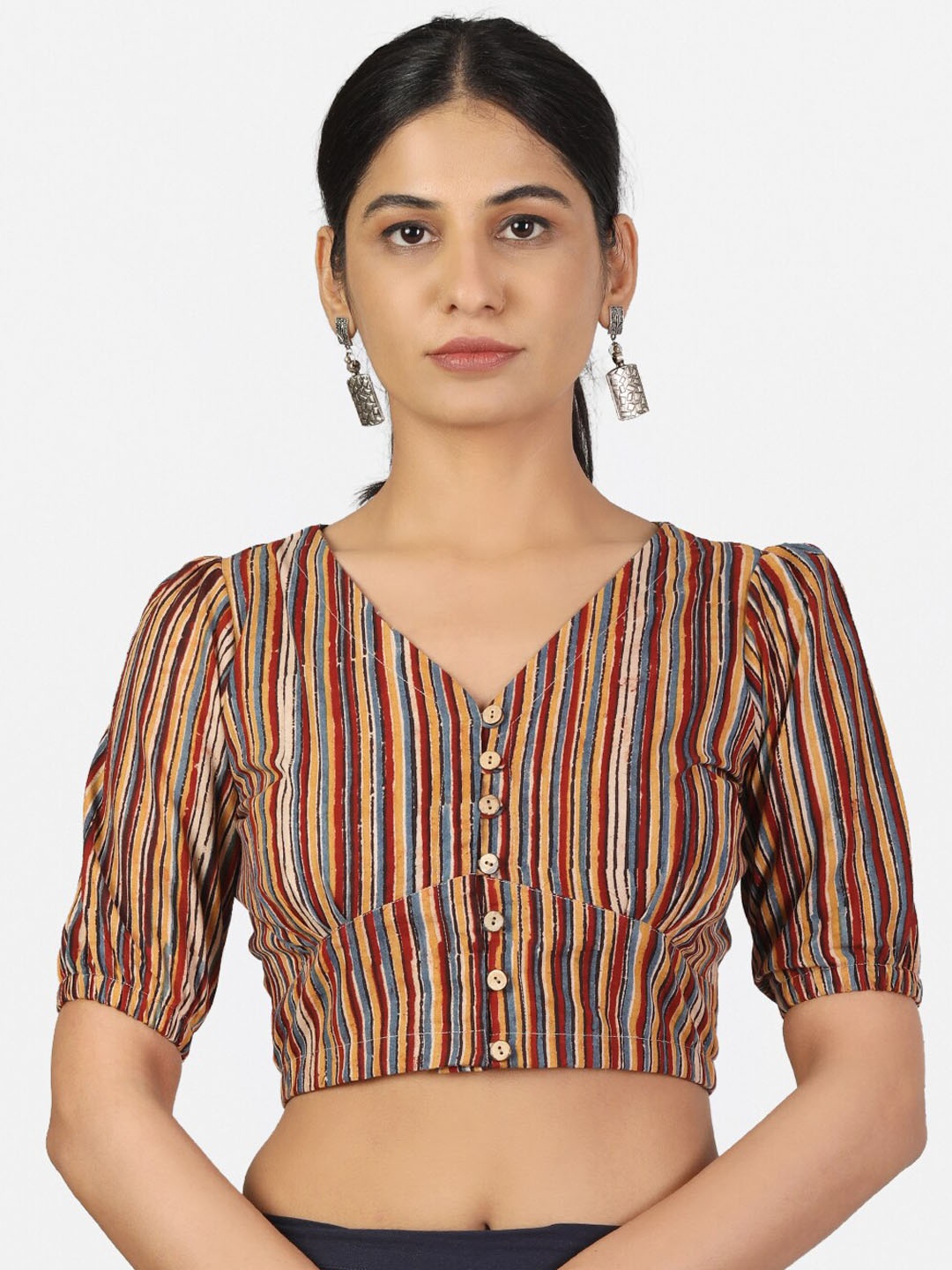 

Llajja Women Multi-Colored Striped Cotton Saree Blouse