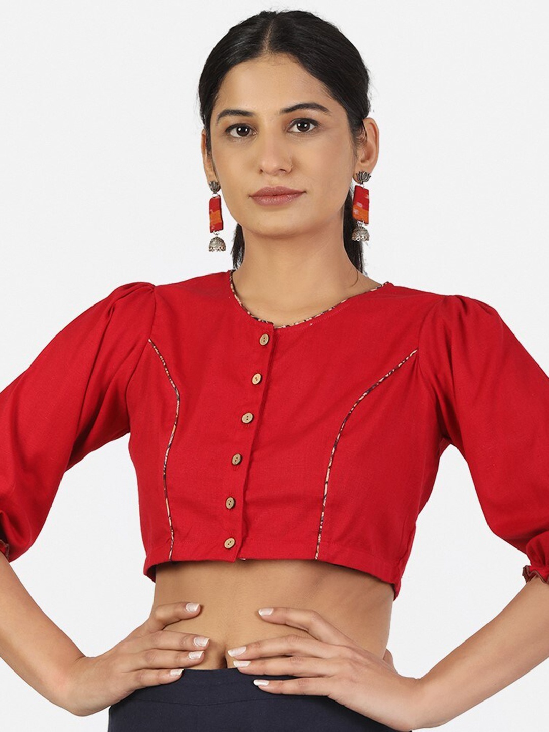 

Llajja Women Red Solid 3/4th Sleeve Saree Blouse