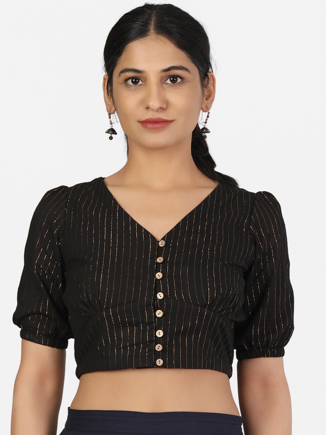 

Llajja Women Black & Gold-Colored Woven Design Cotton Saree Blouse