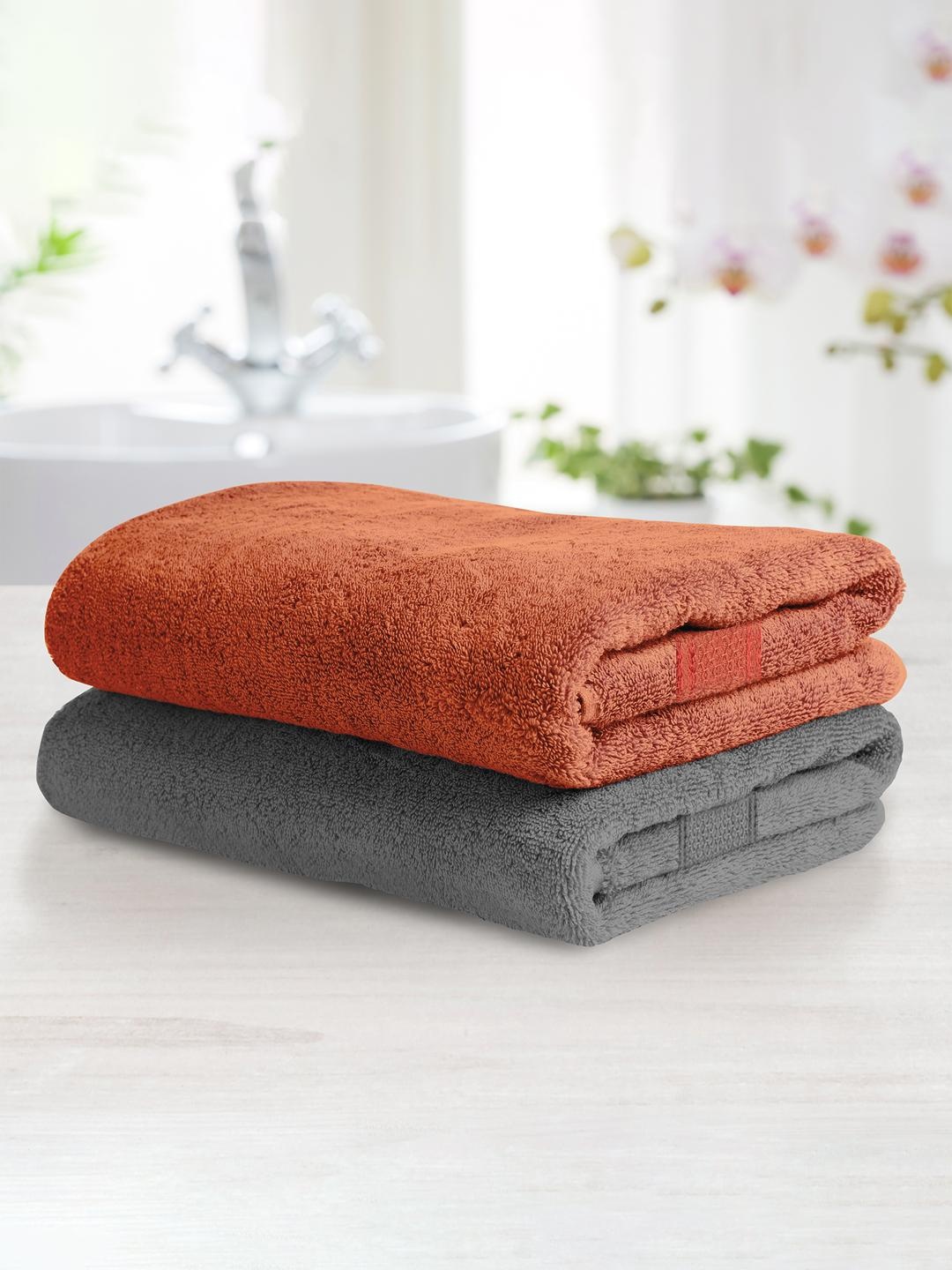 

Athome by Nilkamal Set Of 2 Grey & Rust Solid 370 GSM Pure Cotton Hand Towels