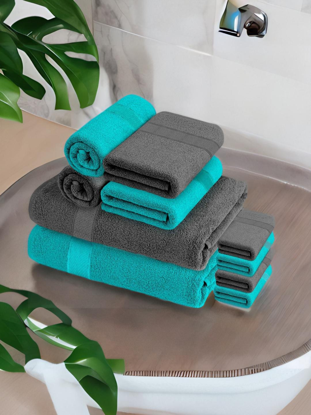 

Athome by Nilkamal Unisex Set of 10 Grey & Turquoise Blue Solid 370 GSM Cotton Bath Towels