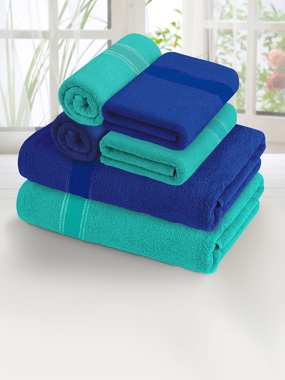

Athome by Nilkamal Turquoise Blue & Blue Pack of 6 370 GSM Cotton Towel Set