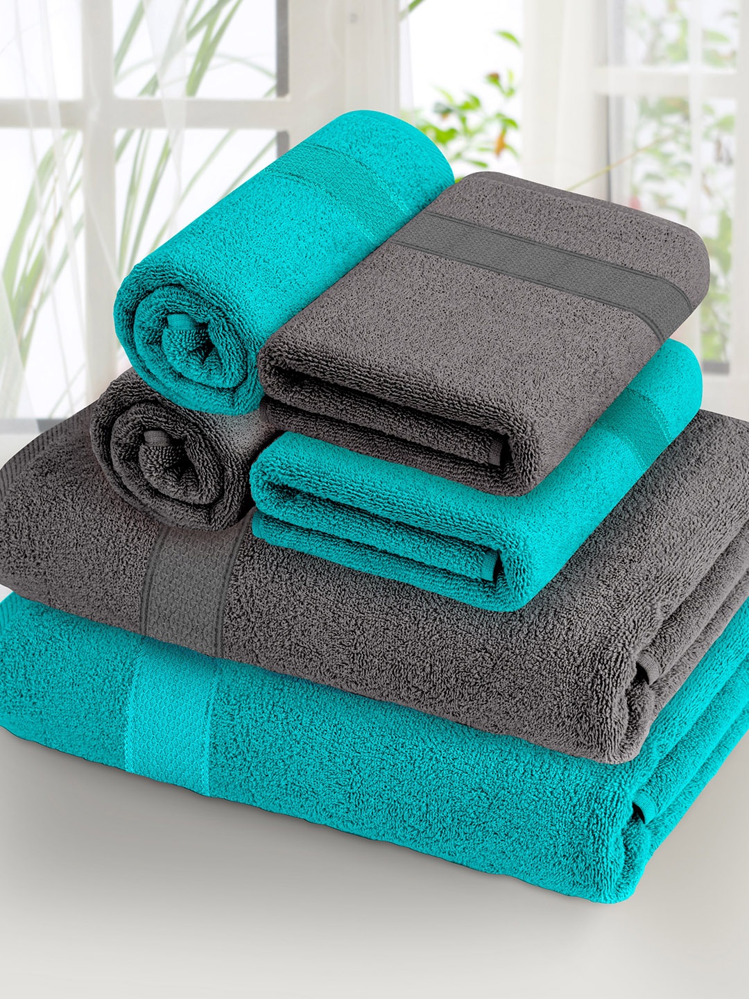 

Athome by Nilkamal Charcoal Grey & Turquoise Pack Of 6 370 GSM Towel Set