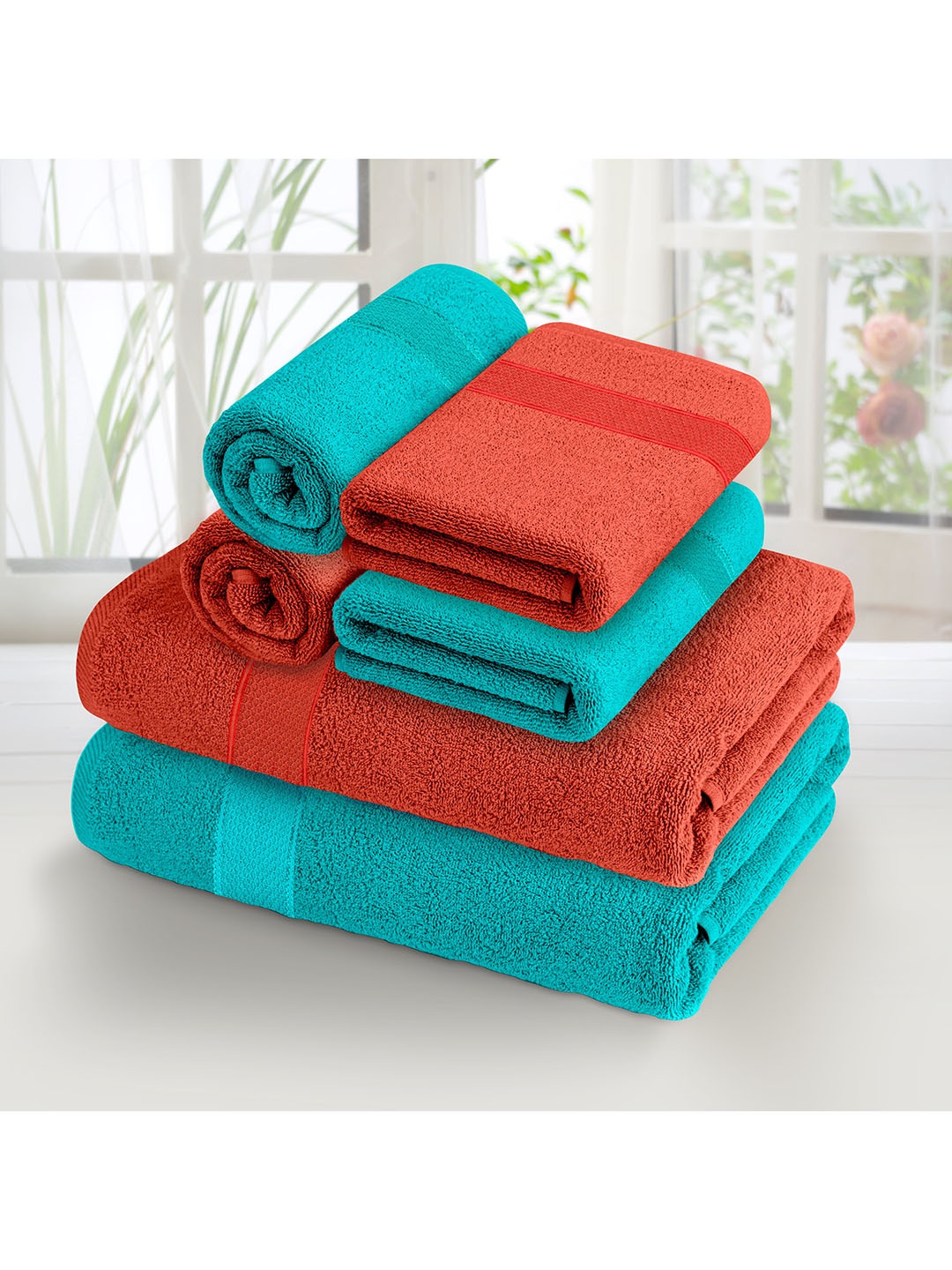 

Athome by Nilkamal Set Of 6 Red & Turquoise Blue Solid 370 GSM Towel Set