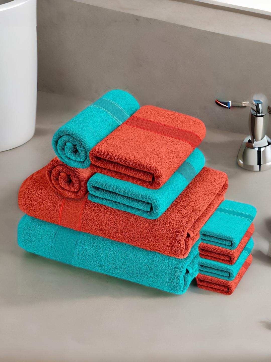 

Athome by Nilkamal Pack Of 10 Blue & Rust Solid Cotton 370 GSM Bath Towels, Multi