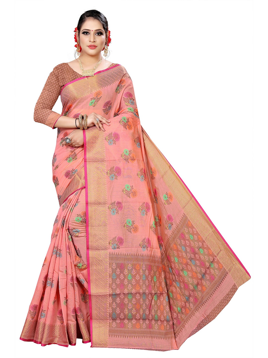 

Rivana Pink & Green Woven Design Zari Pure Cotton Chanderi Saree