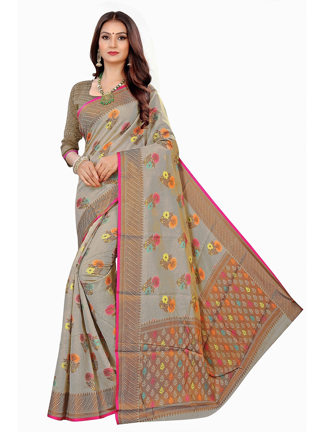 

Rivana Grey & Yellow Floral Zari Pure Cotton Chanderi Saree