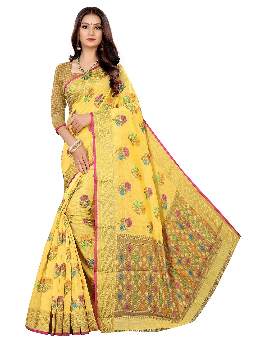 

Rivana Yellow Woven Design Zari Pure Cotton Chanderi Saree