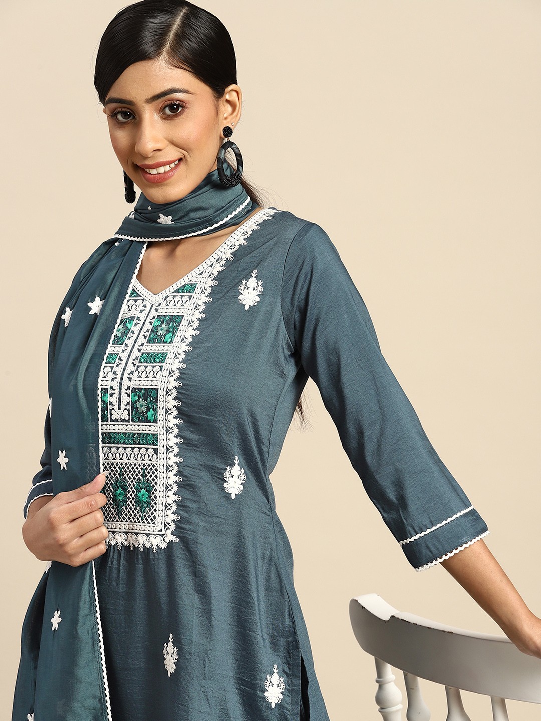 

Sangria Women Teal Blue Ethnic Motifs Embroidered Kurta with Trousers & Dupatta