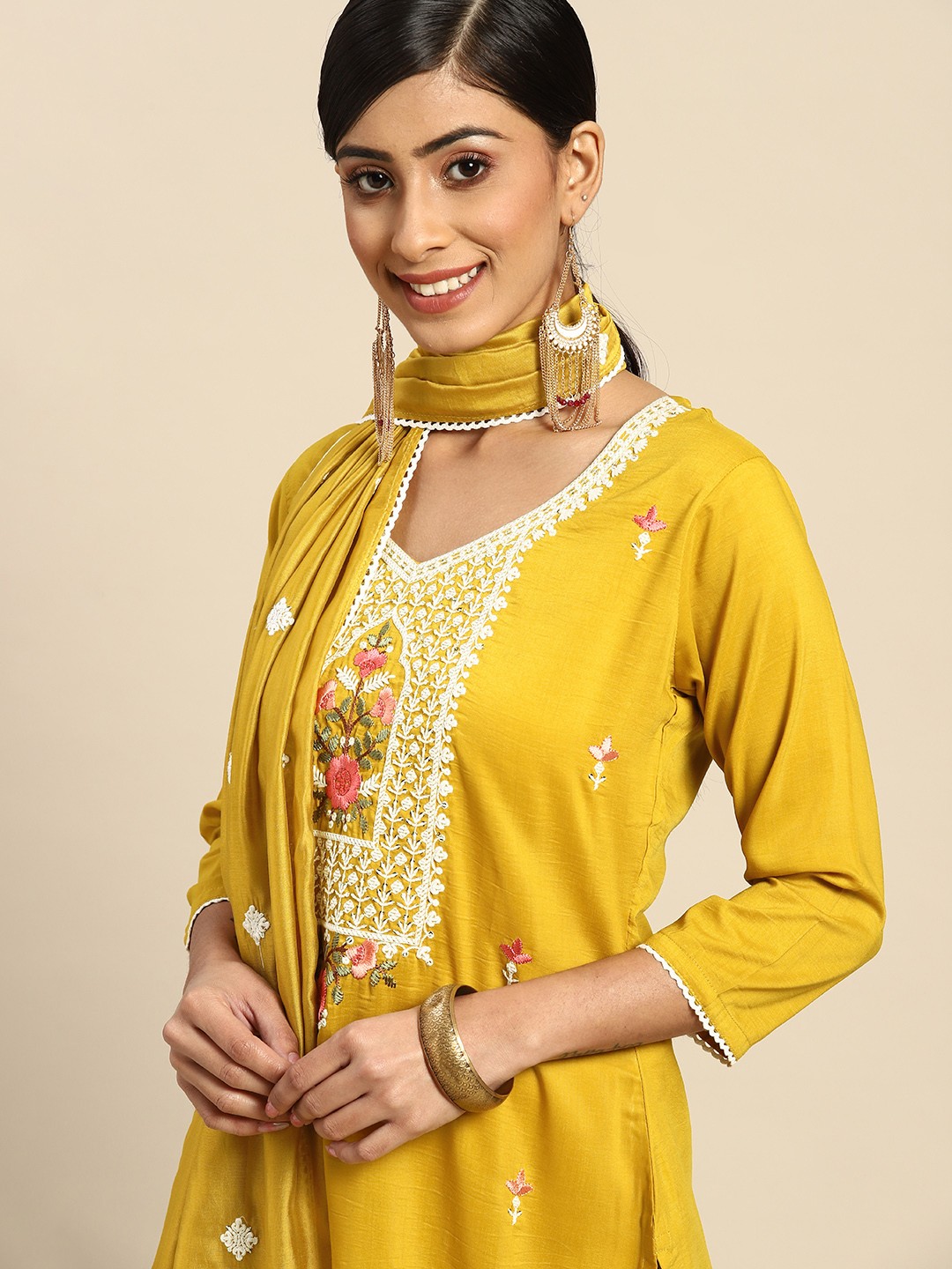 

Sangria Women Mustard Yellow Ethnic Motifs Embroidered Kurta with Trousers & Dupatta