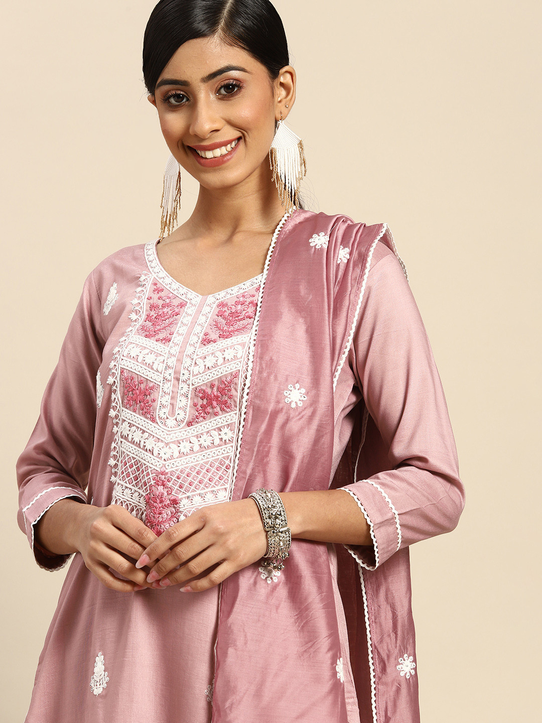 

Sangria Women Pink & White Ethnic Motifs Embroidered Kurta with Trousers & Dupatta