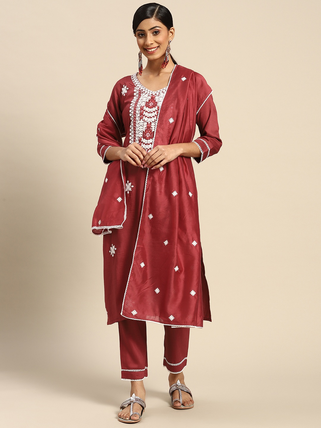 

Sangria Women Maroon & White Ethnic Motifs Embroidered Kurta with Trousers & Dupatta