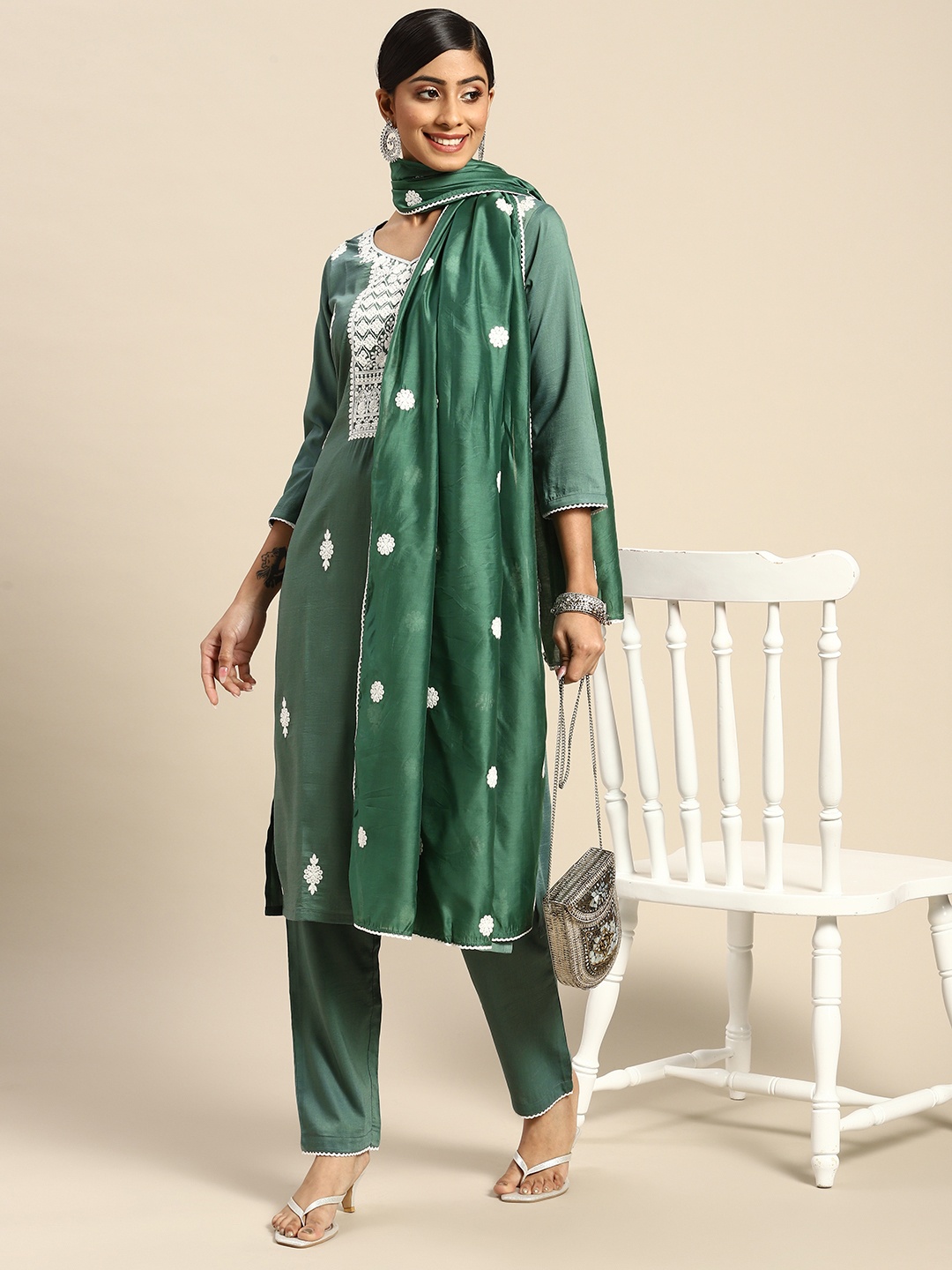 

Sangria Women Green & White Ethnic Motifs Embroidered Kurta with Trousers & Dupatta