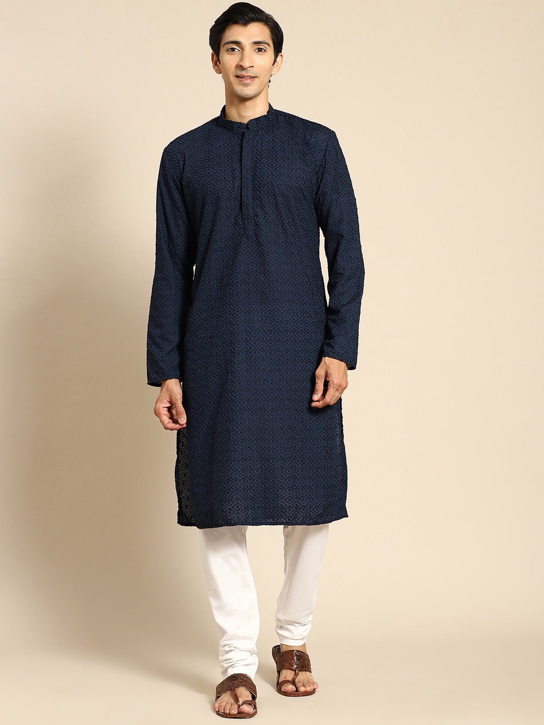RAJUBHAI HARGOVINDAS Men Navy Blue Cotton Embroidered Chikankari Kurta
