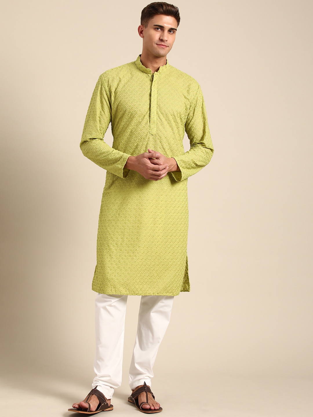 

RAJUBHAI HARGOVINDAS Men Lime Green Chikankari Kurta