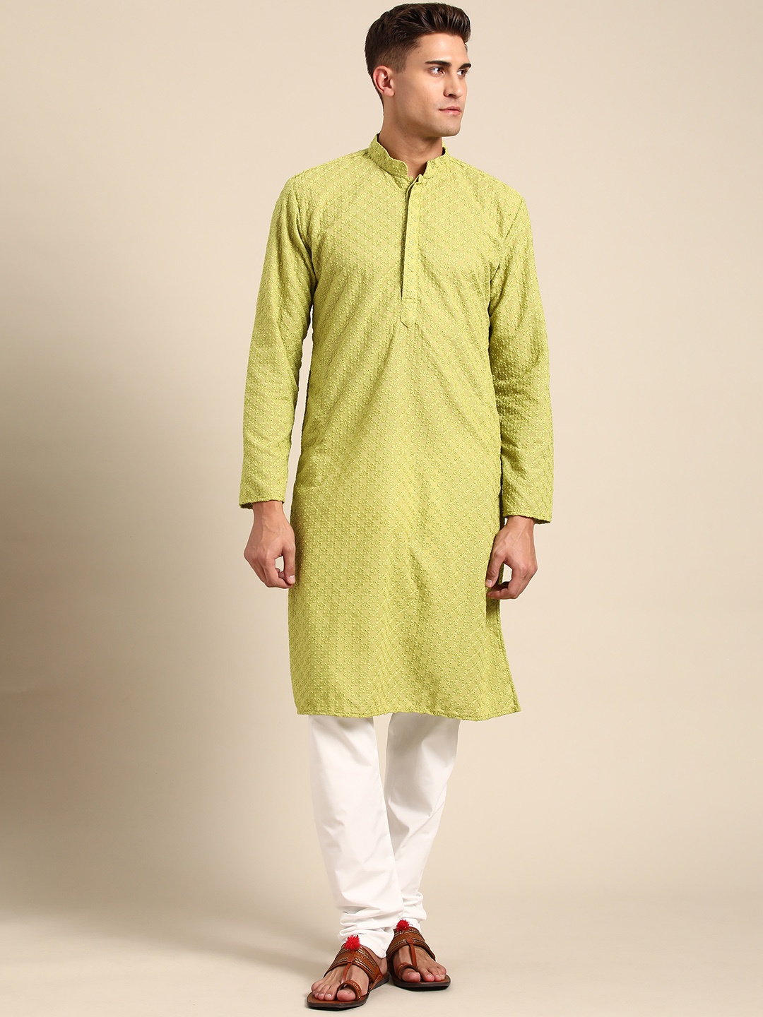 

RAJUBHAI HARGOVINDAS Men Lime Green Chikankari Kurta