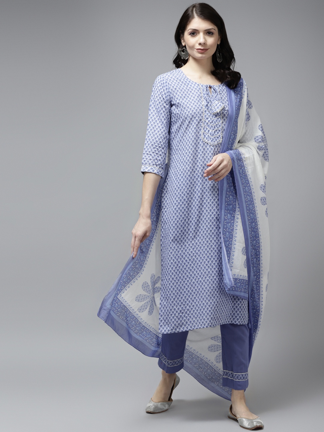 

Yufta Women Blue Ethnic Motifs Printed Gotta Patti Pure Cotton Kurta with Trousers & With Dupatta