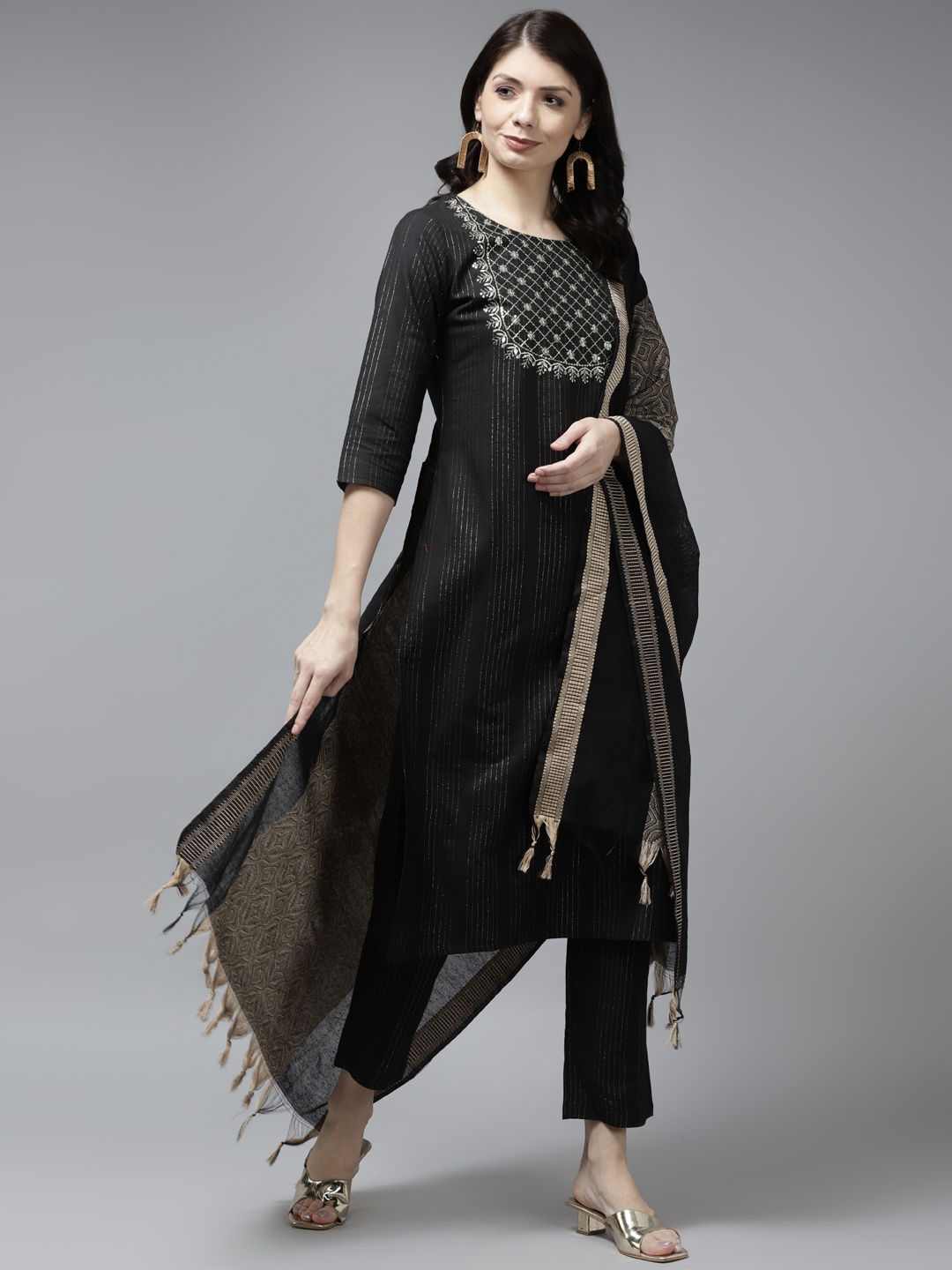 

Yufta Women Black Pure Cotton Embroidered Kurta with Trousers & With Dupatta
