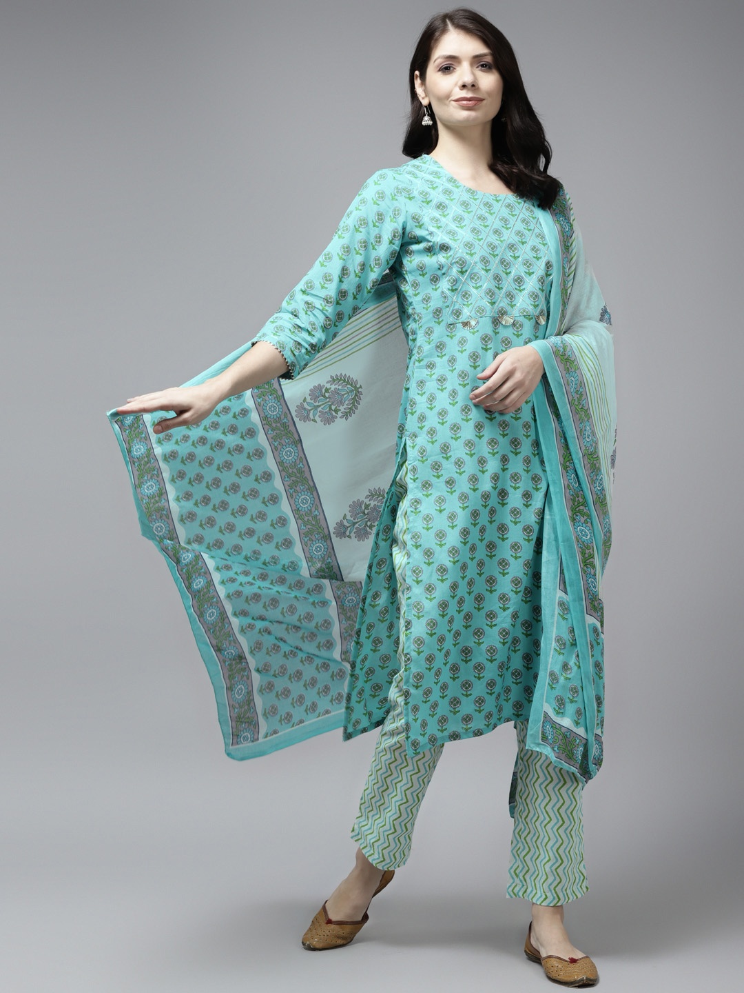 

Yufta Women Blue Ethnic Motifs Printed Gotta Patti Pure Cotton Kurta with Trousers & With Dupatta