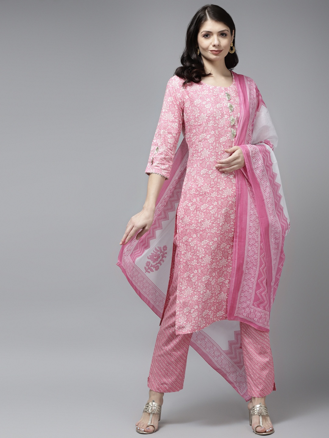 

Yufta Women Pink Ethnic Motifs Printed Gotta Patti Pure Cotton Kurta with Trousers & With Dupatta