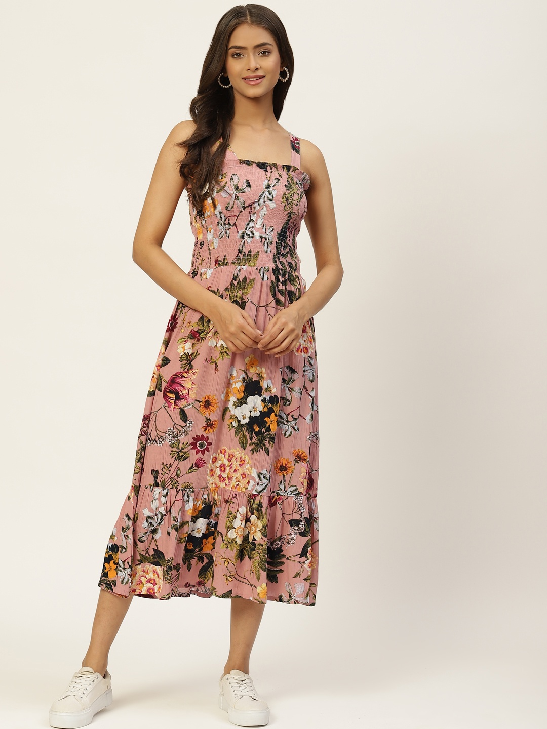 

WISSTLER Women Pink & Green Floral A-Line Midi Dress