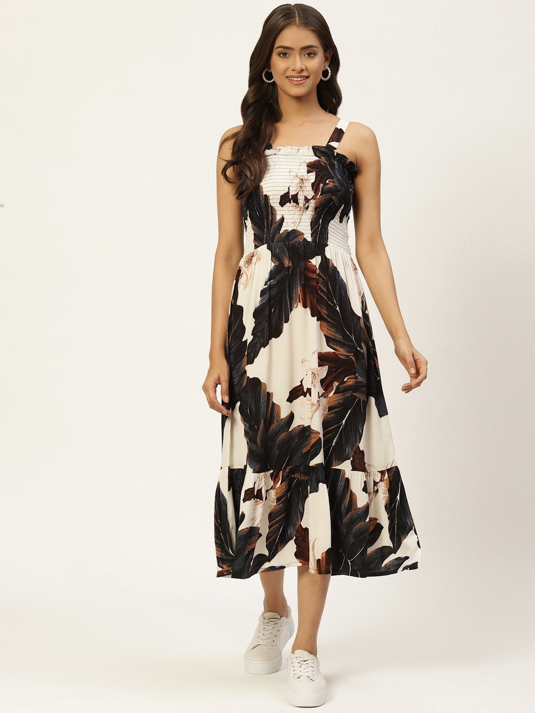 

WISSTLER Women Off White & Black Floral A-Line Midi Dress
