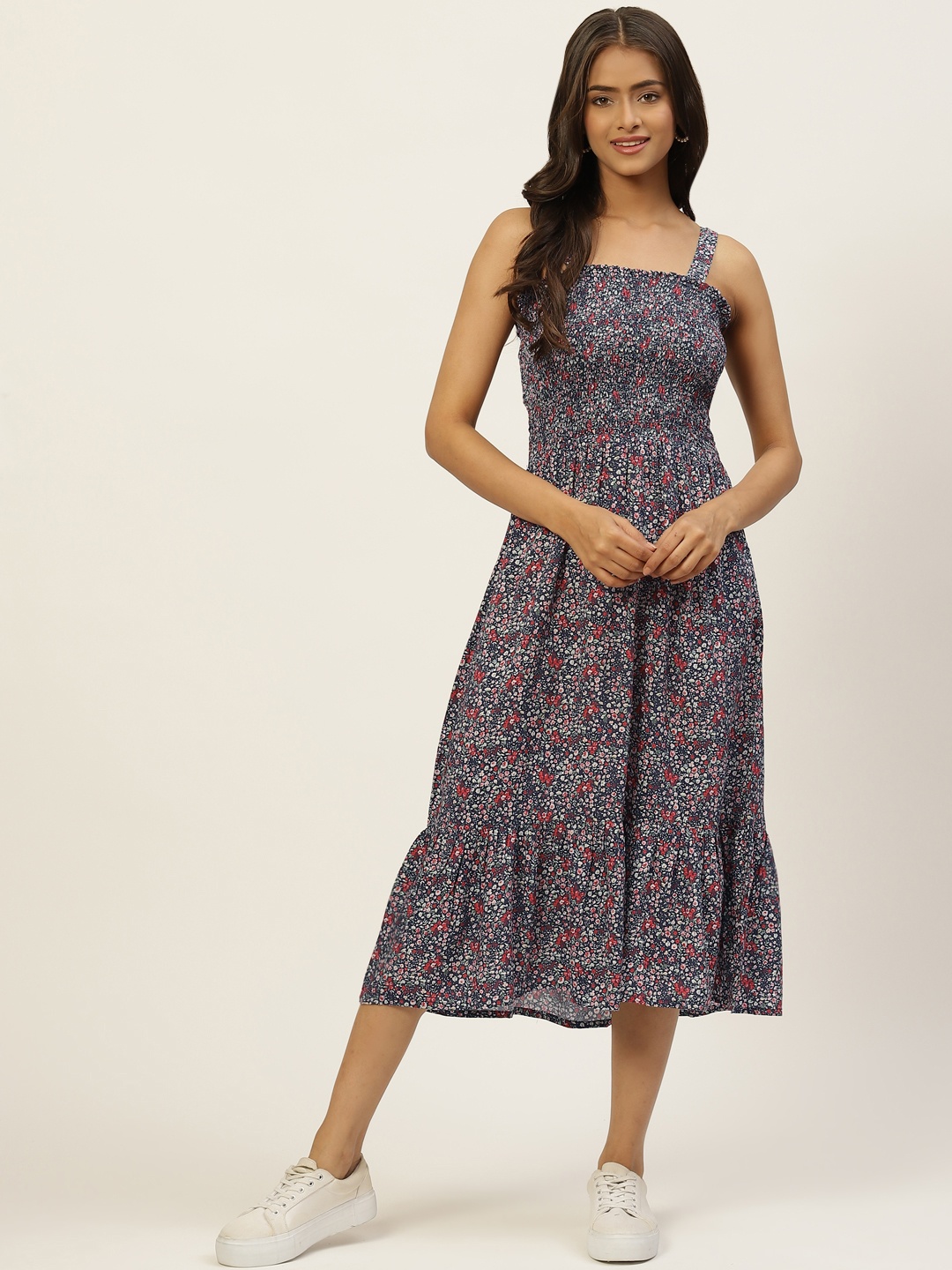 

WISSTLER Women Navy Blue & Off White Floral A-Line Midi Dress
