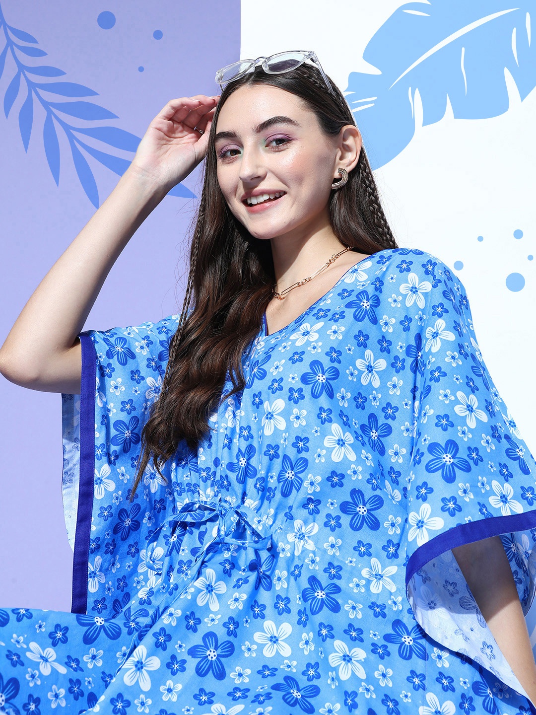 

Vemante Blue new age kaftans Floral Adjustable Waistline Nightdress