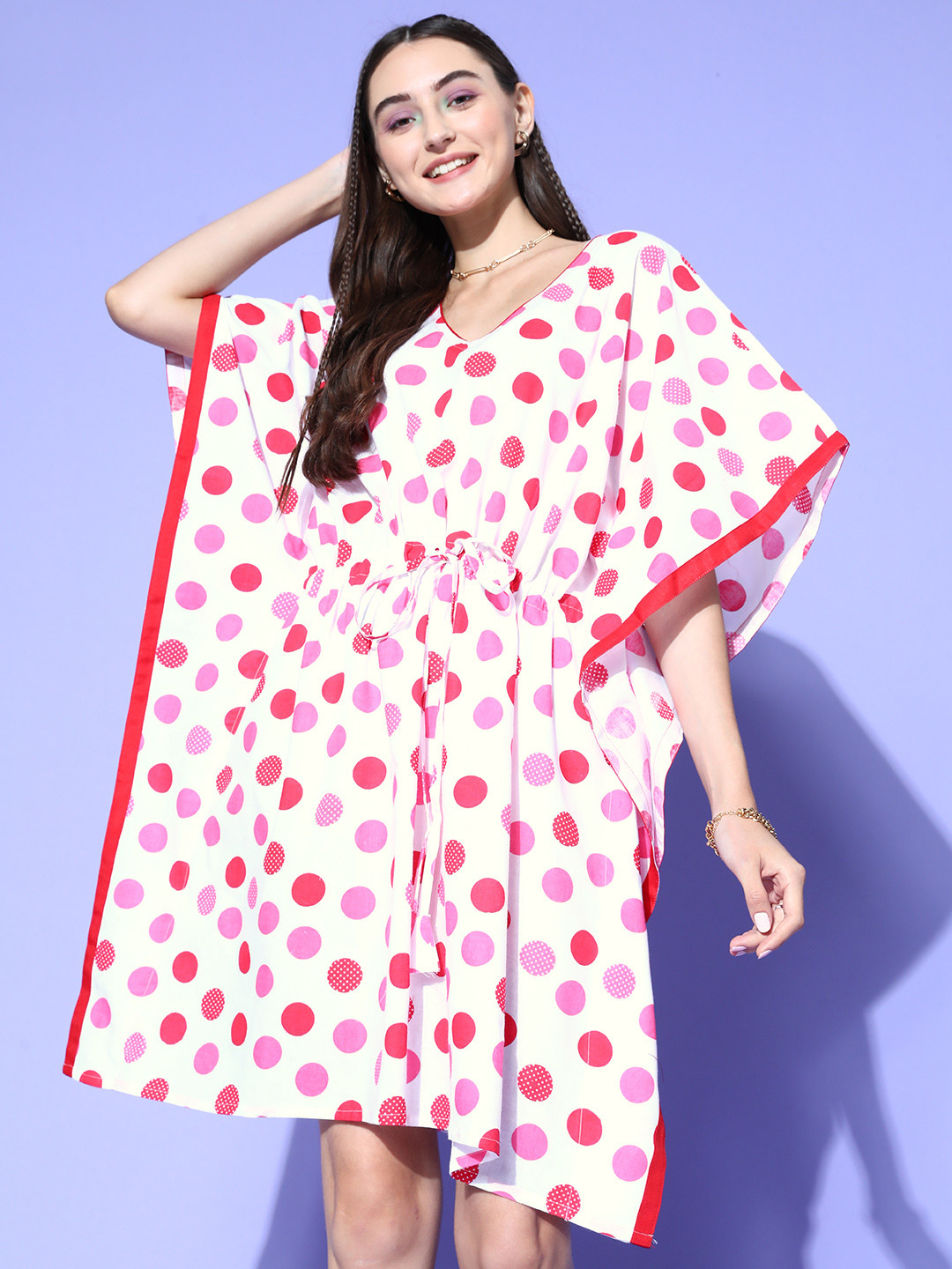 

Vemante White new age kaftans Polka Dotted Adjustable Waistline Nightdress