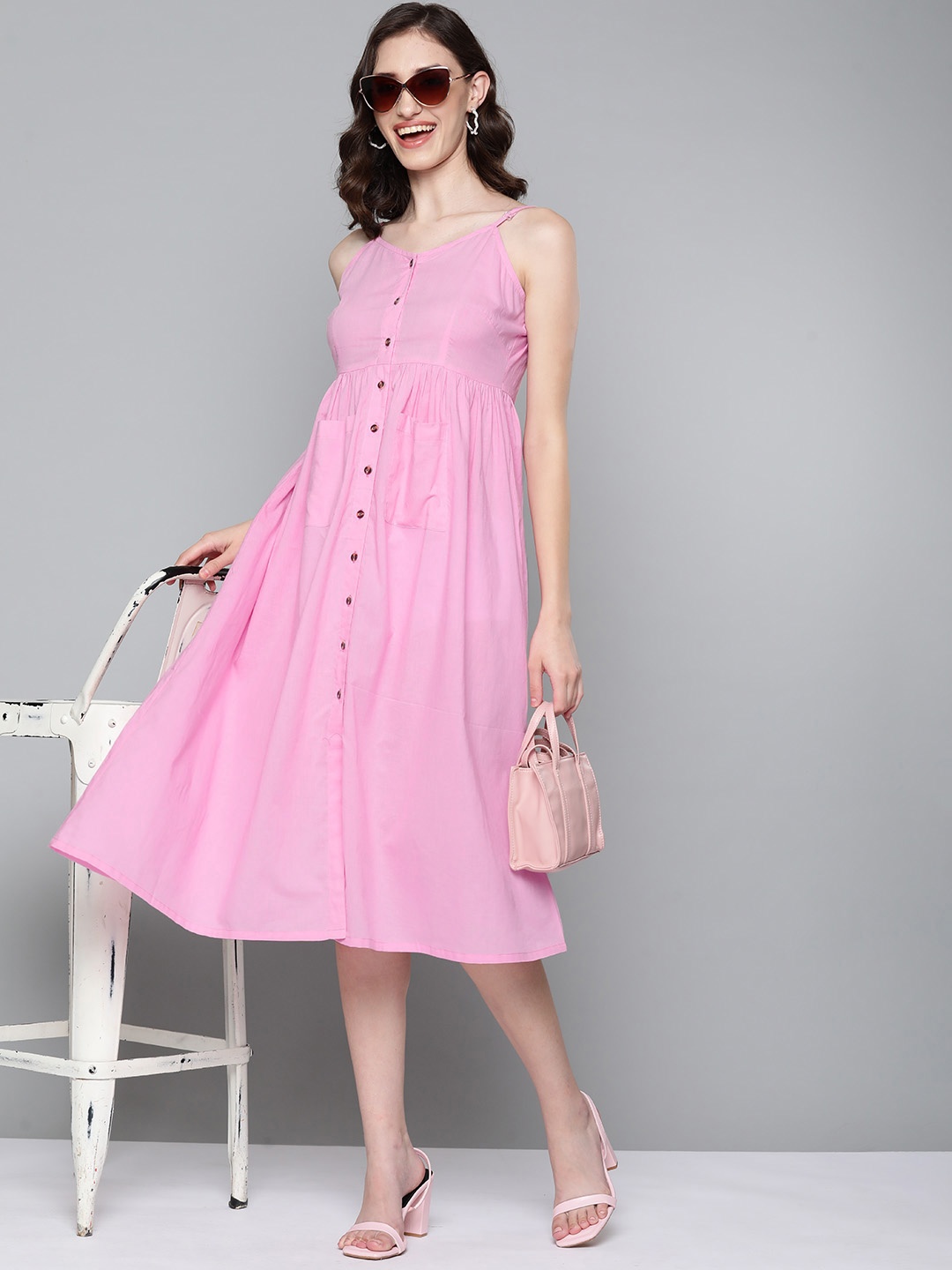 

HERE&NOW Pink Solid Cotton Dress