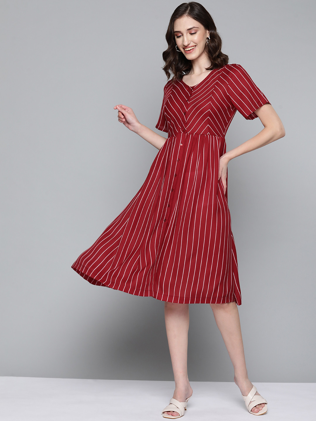 

HERE&NOW Red & White Striped Georgette Dress